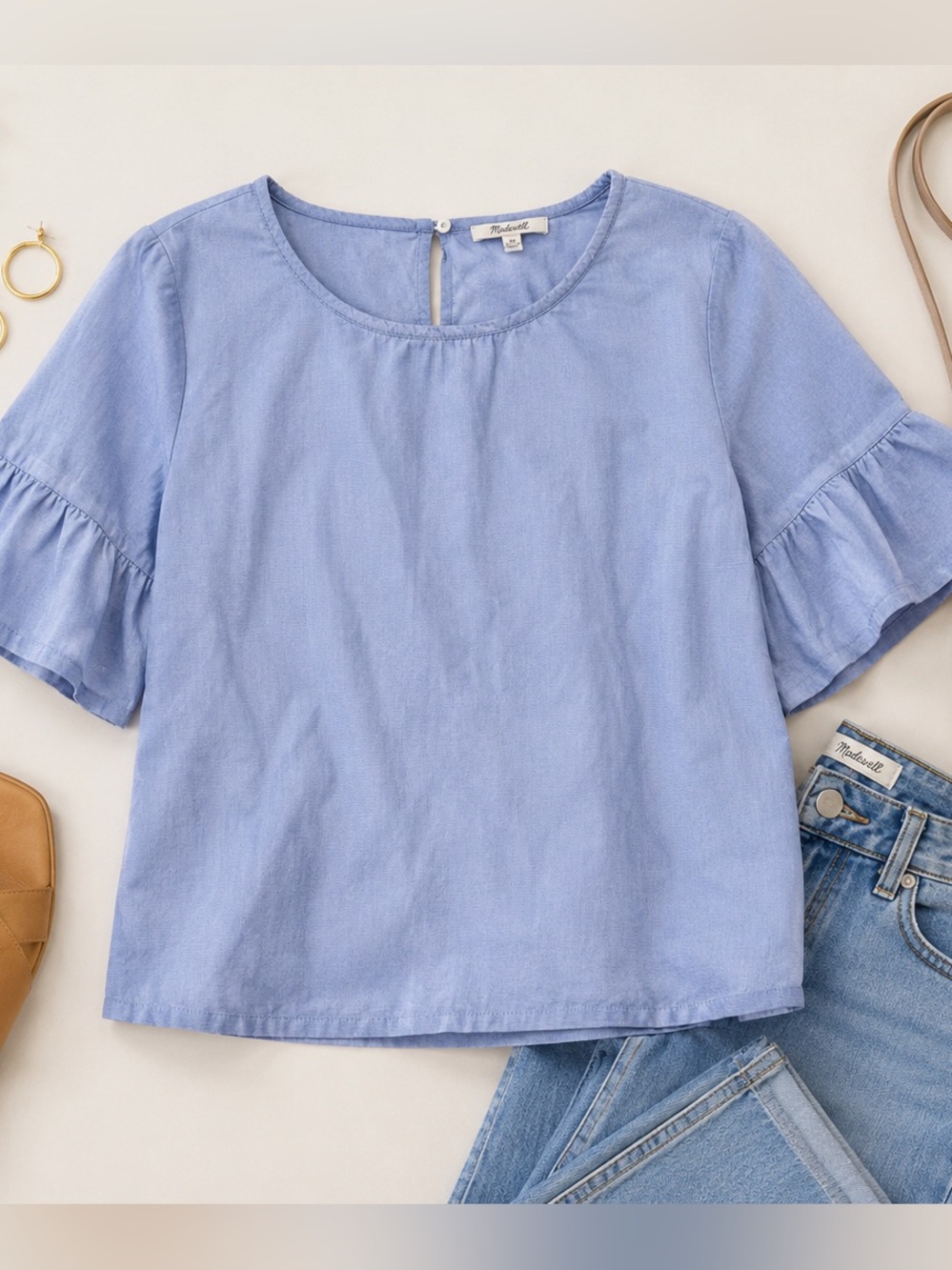 Madewell Sky Blue Ruffle Sleeve Cotton Top